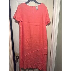 Bridgewater Studio Coral Pink 100% Linen Tiered Midi Dress Plus‎ Size 18WP